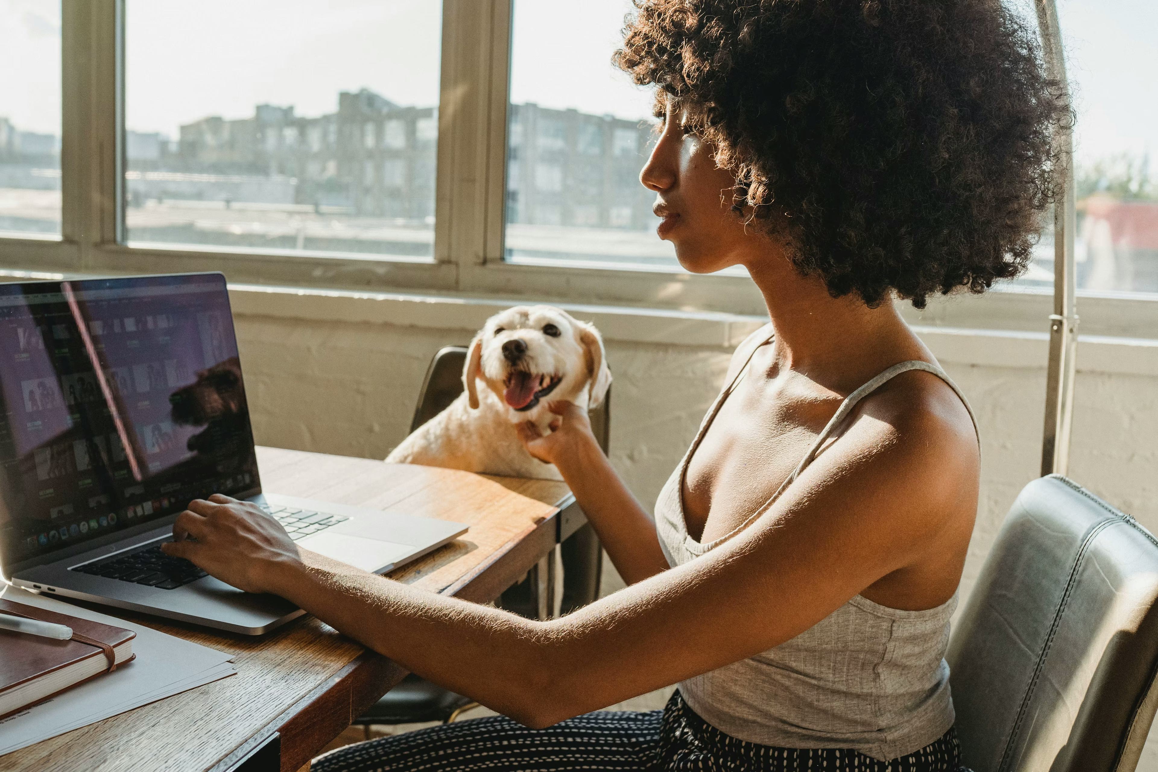 Woman pet sitter working on a laptop with her dog